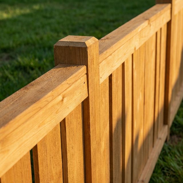Close-up of a beautiful freshly installed natural cedar fence with warm honey-brown grain