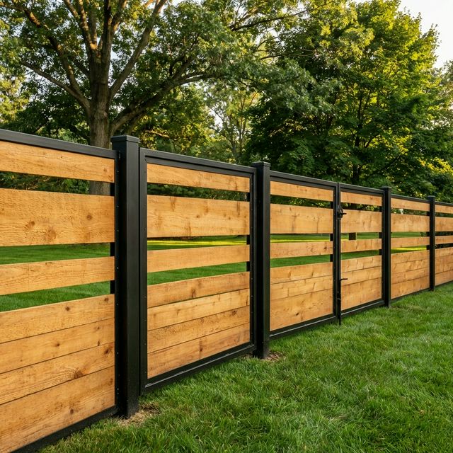 Custom-designed residential fence combining horizontal natural cedar wood slats with black powder-coated metal posts and frames in a Chester County Pennsylvania suburban backyard