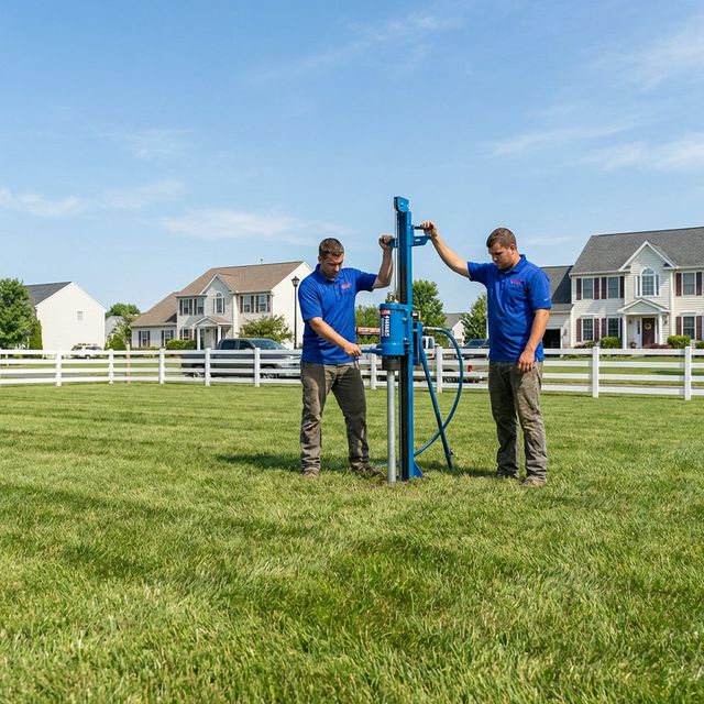 Fence Flamingo crew setting new wooden fence posts with a post-hole digger in suburban Pennsylvania