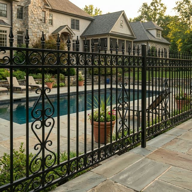 Brand new black ornamental aluminum fence being installed in a suburban Pennsylvania front yard