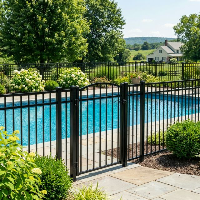 Black ornamental aluminum pool fence surrounding a residential swimming pool in Chester County PA