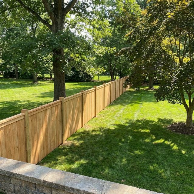 Tall cedar wood privacy fence running along a property line in a Chester County Pennsylvania backyard