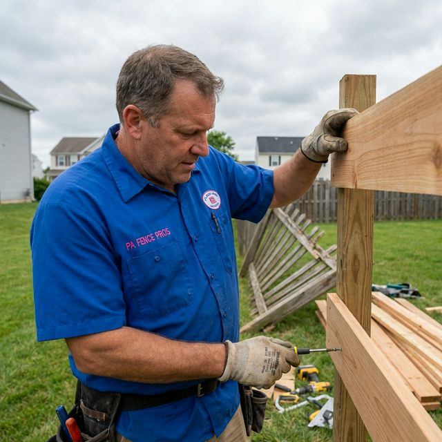 Fence Flamingo contractor repairing storm-damaged fence, installing new cedar boards in Chester County PA