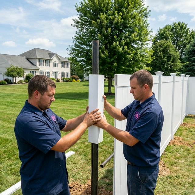 Two Fence Flamingo workers sliding white vinyl post sleeve over steel pipe during vinyl fence installation in PA