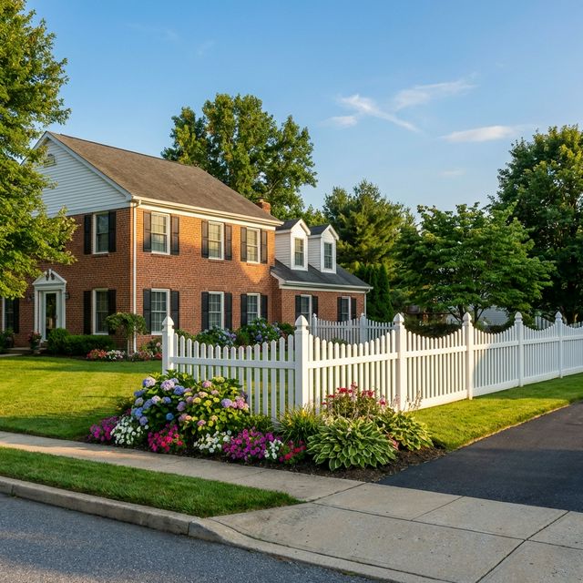 White vinyl picket fence installed at a Chester County Pennsylvania home by The Fence Flamingo
