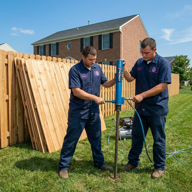Two Fence Flamingo workers driving schedule 40 steel pipe with a Patriot post driver for a wood fence installation